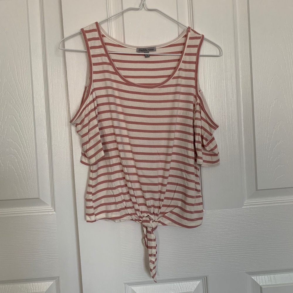 Striped Cold Shoulder Tie Front Blouse